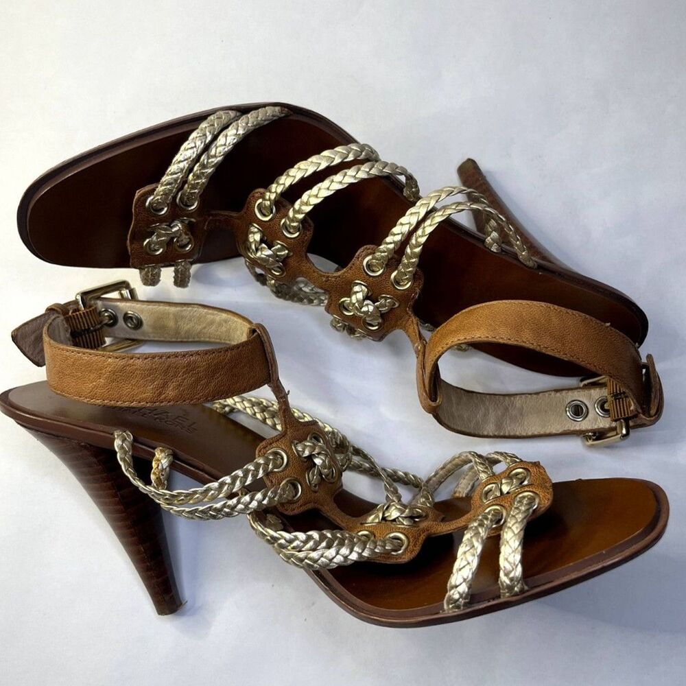 Michael Kors Gold Braided Leather Ankle Strap Heels Brown Designer Womens